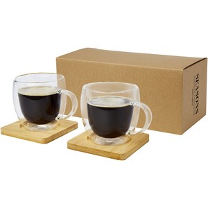 Seasons 113315 - Dos tazas de vidrio de doble pared de 250 ml con posavasos de bambú "Manti" 